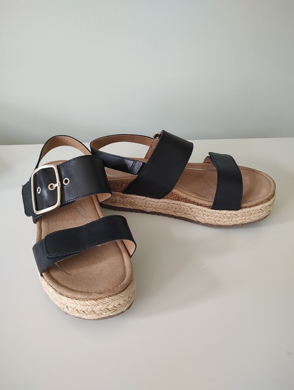 Aetrex Vania Black Leather Arch Support Espadrille Platform Wedge Sandal Size 7 - Picture 4 of 11